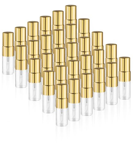 BOSMIOW 30Pcs 2ml Empty Clear Glass Mist Spray Bottle with Golden Aluminized Nozzle,Refillable Mini Perfume Atomizer,Travel Sample Liquid Bottle,Makeup Container for Perfume,Air Fresheners,
