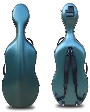 WUQIMUSC Custodia rigida per violoncello 4/4, dimensioni standard, con ruote, ABS aeronautico, materiali compositi durevole e robusta, manico integrato con spallacci, impermeabile e stabile (verde