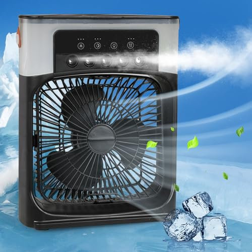 Portable Air Conditioner, All-in-1 Mini Air Cooler with 90° Oscillation, Cooling Fan with Timer 1-3H, 3 Wind Speeds, 5 Spray Modes, 7 Colour Night Light for Home, Office, Bedroom, Black