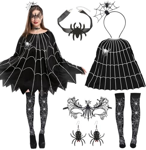 6 Stüc Halloween Kostüm Damen Fledermaus Set, Kostüm Halloween Damen mit Spinnenmaske, Haarreifen, Spinnennetz Poncho, Schmuck Accessoires - Kreieren Sie Einen Einzigartigen Karneval Party -Look