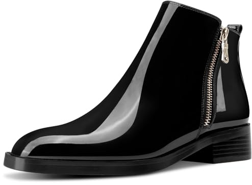 Saekcted Womens Chunky Block Low Heel Square Toe Ankle Boots Short Bootie Slip-on Zipper Office Basic Classic Patent Leather Flat Boots Black 7.5 M US