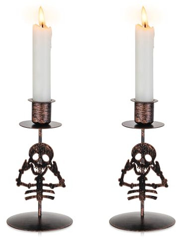 Romadedi Totenkopf Kerzenhalter Halloween Deko: 2er Set Klein Gothic Skelett Kerzenständer Stabkerzen Schwarz für Gruselig Tischdeko Dekoration Fenster Party Tisch Innen Geschenke