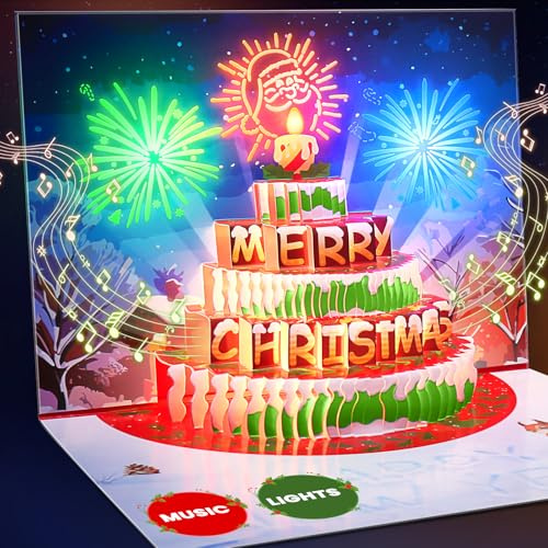 Weihnachtskarten mit Umschlägen, Weihnachtskarte mit Pop-up-Kuchen, Lichtern und Musik FROHE WEIHNACHTEN, Pop-up-Weihnachtskarte, Frohe Weihnachtskarten 2024 für Männer, Frauen und Kinder