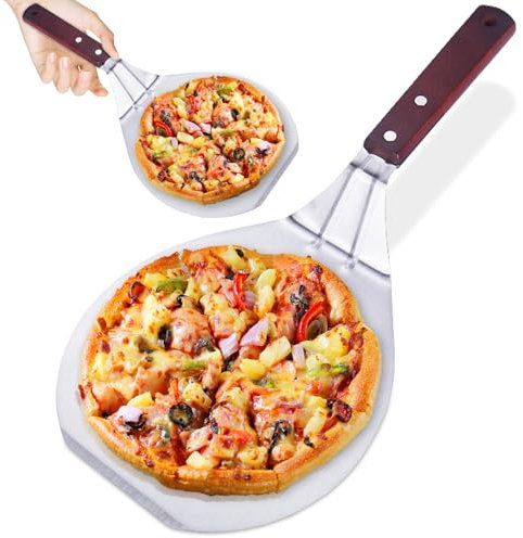 MIUUIPI Pizza Peel with Wooden Handle, Round, Hanging, Pizza Shovel Made of Stainless Steel Pizza, 16.5 x 34 cm for Homemade Pizzas, Pastries, Dough, Bread, Cakes etc