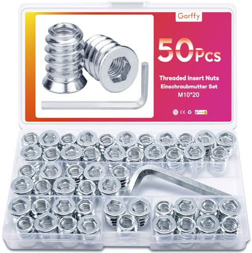 Einschraubmutter, Gorffy 50 Stück M10 X 20mm Gewindeeinsatz Holz Legierter Stahl Einschraubmuffen Gewindebuchse, Gewindebuchse mit Schraubenschlüsse, Silbern Einschraubmutter mit Box