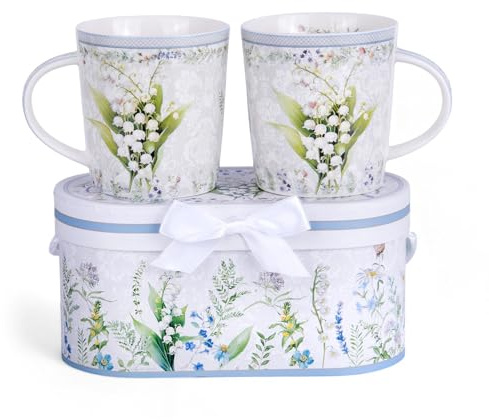 STP GOODS Maiglöckchen aus Knochenporzellan Tee- und Kaffeebecher 2er Set in Geschenkbox, 350 ml, Blumen-Tassen für Tee, Latte, Kakao, Schokolade, spülmaschinen- und mikrowellengeeignet