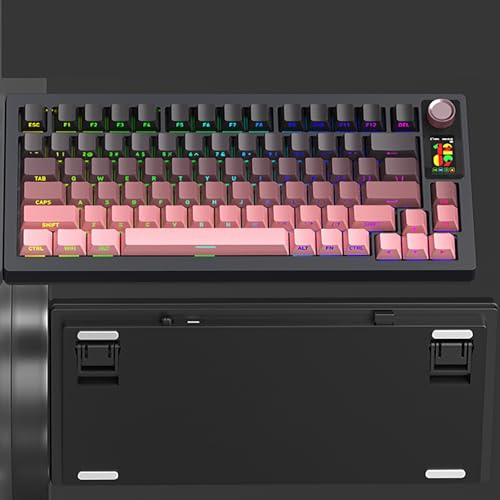 E-yimeng RGB Backlight Mechanical Keyboard for Working or Gaming, 2.4G Wireless Bluetooth Gaming Keyboard, Ergonomic Quiet with Knob & LCD Color Screen for Computer, Black & Pink(HIFI Sound Axis)