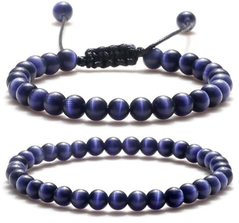 XSDSLS 2 Pièces Bracelet Pierre Naturelle Femme Bracelet Perles 6mm Élastique Bracelet de Pierres précieuses Naturelles Réglable Bracelet Perles Cristal Bracelet (Bleu Foncé)