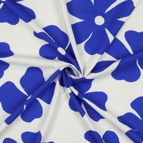 Viskose Leinen, Blumen Blau auf Ecru Meterware, 50 cm