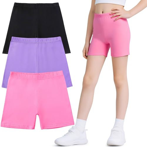 Domueay Shorts Pantalones Niñas, Cortos de Ciclismo Leggings Algodón Pack de 3, Elástica Mallas Cortas Transpirable Deporte Danza Verano Cómodo Short Pantalón 5-6 Años, Negro Morado Rosa