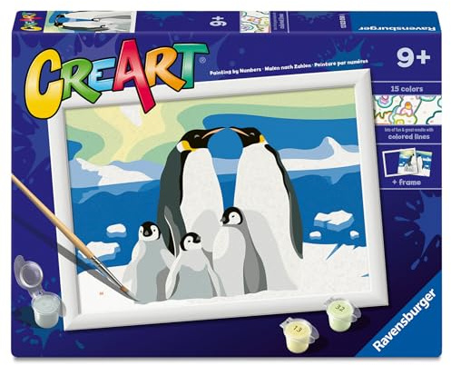 Ravensburger CreArt: Die Familie Pinguini — Malen mit Zahlen für Kinder ab 9 Jahren, Malset mit Brettern, Rahmen, Pinsel und Farben im Lieferumfang enthalten, 25 x 18,30 cm, Geschenkideen