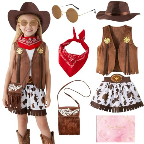 TOSZOLY Cowgirl Kostüm Mädchen, Cowboy Kostüm Kinder mit Cowboy Hut, Bandana, Weste Kleidung Verkleidung Mädchen für Halloween Fasching Cosplay Party Dress Up