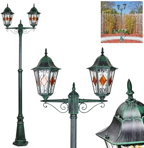 HOFSTEIN Kandelaber Hongkong, Außenwegeleuchte aus Metall/Glas in Schwarz/Grün/Klar/Orange, Wegebeleuchtung 245 cm, 2 x E27, IP44, Wegeleuchte im Vintage-Design für Garten, Außenbereich, Hof
