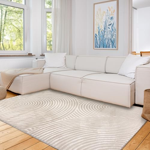 Astra Moderner Teppich Wohnzimmer, Schlafzimmer - Weiches Flachgewebe für Innen - Flauschiger Kurzflorteppich - Teppich Kringel Creme, 160 x 230 cm