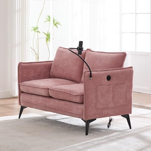 PUGSDRLY Canapé d'angle 2 Places avec Port USB,Support Réglable pour Téléphone Portable,Poche Latérale,Petit Canapé pour Salon,Chambre,Balcon (Rose)