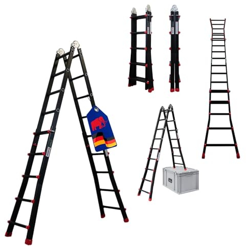 PROREGAL Sprossen-Mehrzweckleiter APOLLO 3-in-1 Aluminiumleiter 4x5 Sprossen bis zu 5m Höhe Traglast 150kg Schwarz Treppenleiter Multifunktionsleiter Klappleiter Teleskopleiter Stehleiter Anlegeleiter