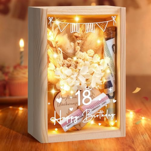 Geldgeschenke 18. Geburtstag Mädchen Junge, Geschenkbox inklusive Trockenblumen+LED Lichterkette+Reagenzglas+Geburtstagskarte, Geschenke zum 18 Geburtstag für Tochter,Sohn,Schwester