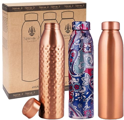 NORMAN JR Bouteille d'eau en cuivre 1 L - Coffret cadeau de 3 pièces : 1 unie, 1 martelée, 1 imprimée en bleu -fabriquée en cuivre avec un design extérieur exceptionnel et des bienfaits pour la santé