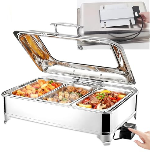 BOVDC Chafing Dish Electrique, 9L Professionnels Chafing Dish Buffet Chauffant, Acier Inoxydable Chauffe Plat Buffet Électrique Température Réglable pour Hôtels, Restaurants (1/3 Pan)