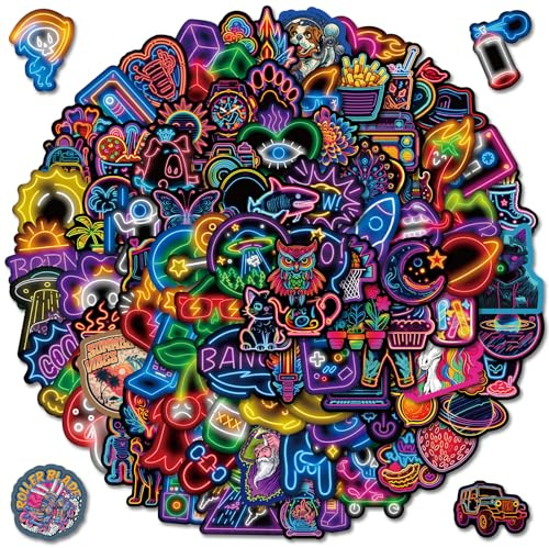 100 Pcs Neon Stickers for Kids & Adults, Waterproof Vinyl Laptop Stickers for Scrapbook Journal Water Bottle Luggage, Teacher Reward Prizes for Children Classroom