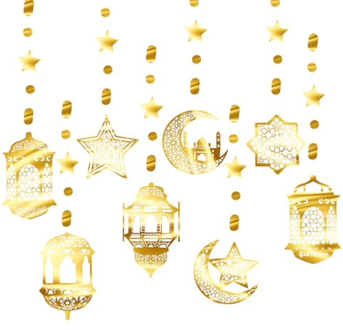 8 Stück Ramadan Mubarak Girlande Dekoration,Gold Stern Mond Ramadan Girlande Anhänger Ornament,Hängende Halbmond und Twinkle Little Star Streamer,Hängende Wanddeko für Haus Hochzeit Islam Party
