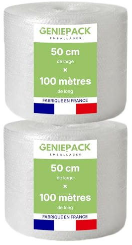 2 X PAPIER BULLE/ROULEAU FILM À BULLES Professionnel 50 cm x 100 m – Fabriqué en FRANCE – 60 Microns – Bulles 10mm – Protection Emballage Colis Déménagement – Antichoc Haute Qualité
