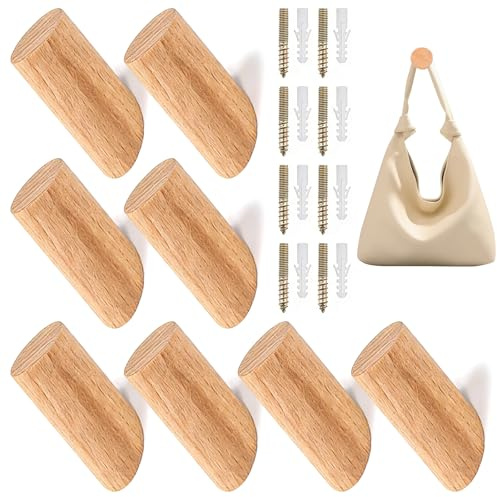Vrexziy Wooden Coat Hooks, 8 Pcs Wooden Pegs Hooks, 8 cm Wood Hook with Screws Wood Coat Pegs Wall Mounted for Hanging Clothes Hat Scarves or Towel (3x8cm)