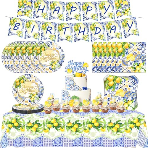 Dncvb Zitronen Party Deko 57 Stück Zitronen Geburtstag Deko | Zitronenmotiv Geburtstagsdeko Tischdeko mit Tischtuch, Pappteller, Servietten, Girlande Zitrone, Cupcake Toppers für Party