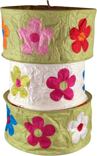 Runde Boho Papier Hängelampe, handgeschöpfter Lampenschirm, Lhasa, grün | Faltbarer Lampenschirm aus Lokta-Papier, florales Design, leicht und dekorativ, ideal für Wohnräume