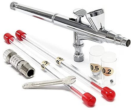 Wiltec Kit Pistolet aérographe professionnel Modèle 136 Type T – Action double DA – avec Buses 0,2/0,3/0,5 mm – Godet 3 ml – Tatouage, bronzage, maquillage, modélisme airbrush