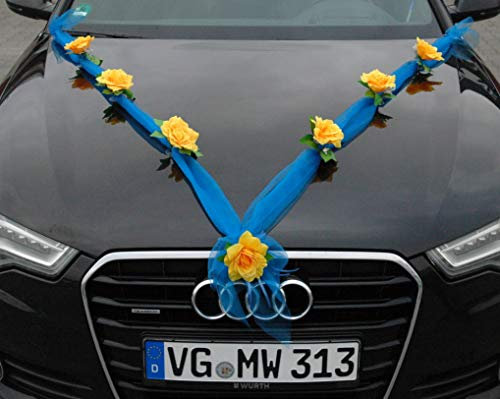 Organza M Auto Schmuck Braut Paar Rose Deko Dekoration Autoschmuck Hochzeit Auto Wedding Deko (Gelb/Blau)