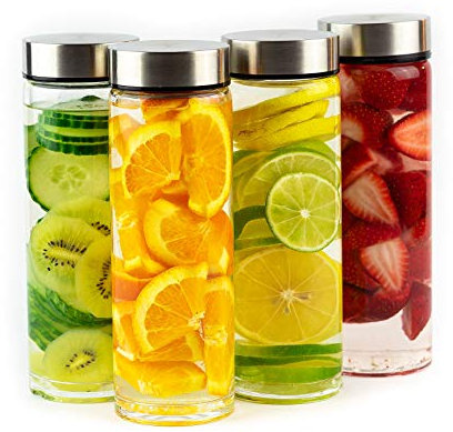 Juice Bottles - 4 Pack Wide Mouth Glass Bottles with Lids - for Juicing, Smoothies, Infused Water, Beverage Storage - 16oz, BPA Free, Stainless Steel Lids, Leakproof, Reusable, Borosilicate