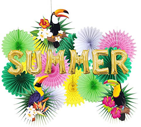 Easy Joy Tropische Dekorationen Kit SUMMER Folie Ballons Papier Fächer-Set Grüne Blätter Tukane Deko