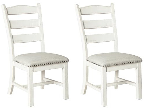 Signature Design by Ashley Valebeck Farmhouse Cushioned Dining Chair, 2 Count, Nailhead Trim, Fabric Upholstery, Solid Wood, 39 Seat Height, Whitewash