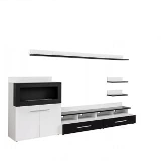Wohnwand Livers mit Bio Kamin Schrankwand Anbauwand Schwarz + Weiß Wohnzimmer Modern Laminatplatte 16 mm MDF Matt Hochglanz Kaminschrank TV-Schrank Brandneu 21