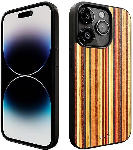 iATO iPhone 14 Pro Max Magnetic Wood Case. Unique & Classy Shockproof Protective Cover. Compatible with MagSafe & Wireless Charging Real Wooden Overlay on Soft Black TPU - Multicolor Skateboard