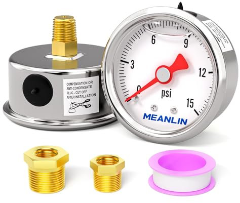 MEANLIN MEASURE 0~15Psi Stainless Steel 1/8 NPT 1.5 FACE DIAL， Glycerin Filled Fuel Pressure Gauge， Liquid Filled Pressure Gauge WOG Water Oil Gas Center Back Mount