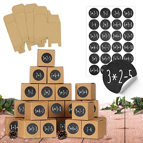 Papierdrachen DIY calendrier de l'avent à remplir - 24 boîtes pour bricoler - tâches mathématiques - 24 boîtes brunes naturelles en carton 400g/m² à monter et à décorer - 24 boîtes - Noël