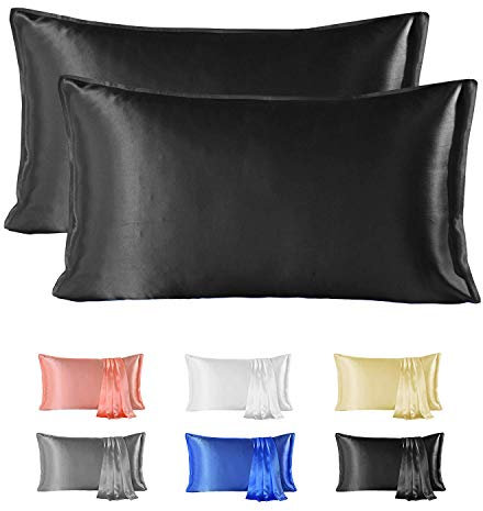 Since Silk 22 Momme Seiden Kissenbezug 2 Stücke Set, 100% Maulbeerseiden Kopfkissenbezug für Haar und Haut mit Umschlagverschluss, Weich und Glatt Seiden Kopfkissenbezug, 50 x 66 cm Schwarz