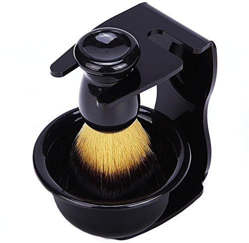 POFET 3-in-1 Bart-Rasierset, Rasierpinsel mit Pinselständer und Rasierschale für Herren, Bartrasur und -Pflege,Rasierpinsel Shaving Brush Rasierseife Rasierschale Schwarz