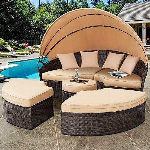 Melko Sonneninsel mit Dach Gartenmuschel Polyrattan Sonnenliege Rattanmöbel Gartenliege