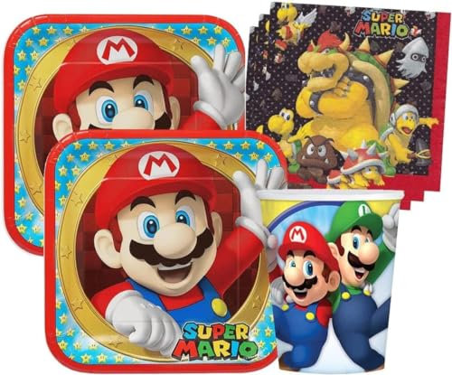 Lote de Cubiertos Infantiles Super Mario Bros (16 Vasos, 16 Platos, 20 Servilletas y 4 Velas) .Vajillas. Juguetes para Fiestas de Cumpleaños, Bodas, Bautizos y Comuniones. AB