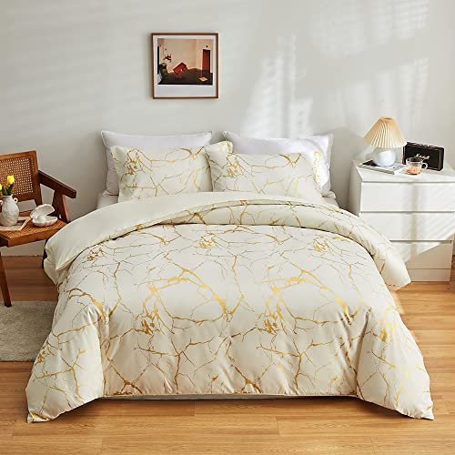 ARYURBU Bettwäsche 200x220 cm Set 3teilig 1x Bettbezug 200x220cm und 2X Kissenbezüge 80x80cm Mikrofaser Weiß Gold Marmor Glitzermuster für Damen Herren Doppelbett mit Reißverschluss Bügelfrei
