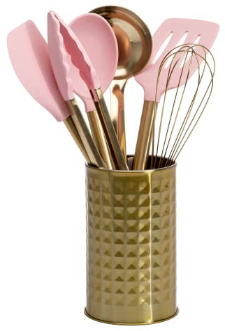 Paris Hilton Küchenset, Werkzeugtopf mit Silikon-Kochutensilien, Schneebesen und Schöpfkelle, 7-teilig, Rosa und Gold