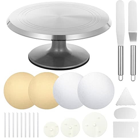 Kinsinder 12 Inches Cake Turntable Metal, Aluminium Cake Decorating Turntable, Rotating Cake Stand with Icing Spatula Comb Icing Smoother Cake Board for Baking Pastries