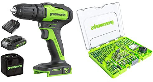 Greenworks 24V 35Nm Cordless Drill Kit with 2Ah batteries, charger and Drill/driver bits (extensive Set of 90 Pieces Suitable for All Drills and Cordless Screwdrivers)