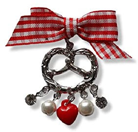 Brosche Anstecknadel Pin Oktoberfest Wiesn Brezel Schleife Perle Strass Herz Rot