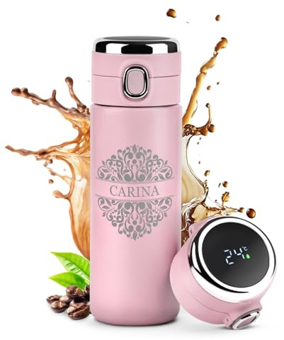 Maverton Thermobecher Kaffeebecher mit Gravur 400 ml, Trinkflasche Rosa | Trinkflasche Edelstahl, mit LED-Temperaturanzeige, auslaufsicher 100% dicht, für Frauen zum Geburtstag, rosa, Verzierung