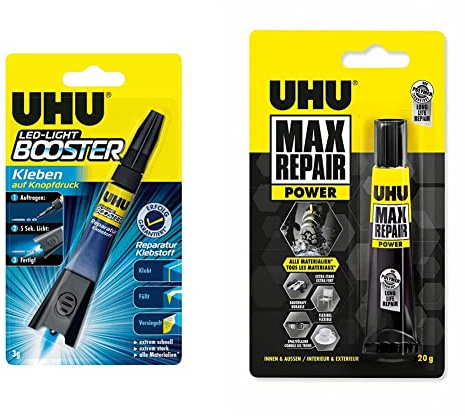 UHU LED-Light Booster, Kleben auf Knopfdruck - lichtaktivierter Reparatur-Klebstoff, 3 g & Max Repair POWER, Extra starker Reparaturkleber für 1001 Reparaturen, Transparent, 20 g