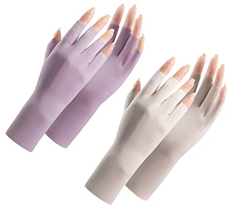 Andiker Women UV Sun Protection Gloves 2 Pairs, Summer Breathable Ice Silk Sunblock Gloves Half Finger for Riding Golf Fishing Cycling Gel Nails
